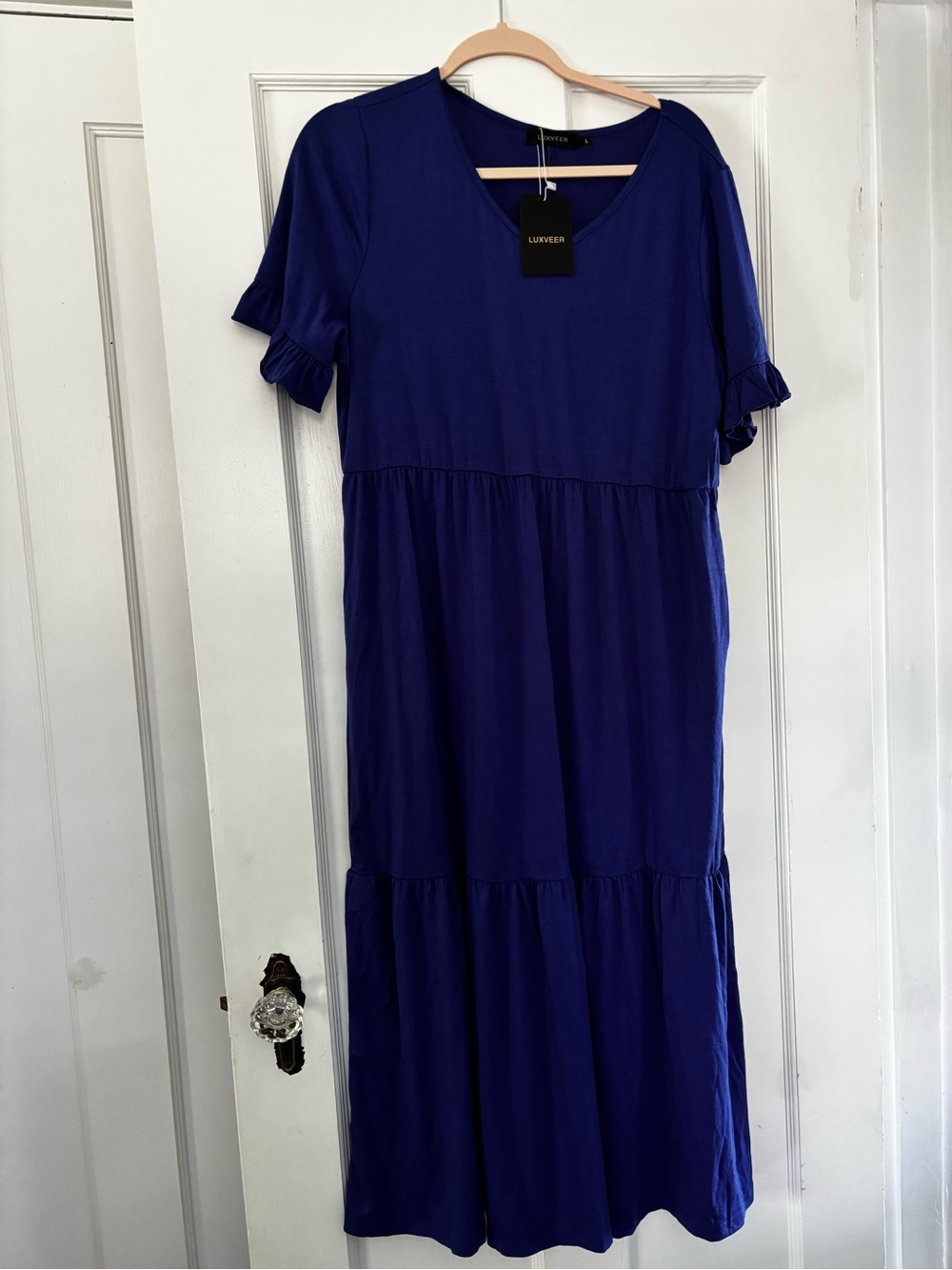 Luxe Cobalt Blue Short Sleeve Tiered Maxi Dress